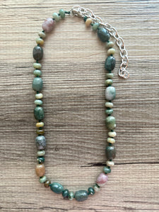 Natural Indian Agate Genuine GemStone Necklace rainbow, silver statement jewelry long beaded statement layering beaded stone colorful