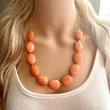 Load image into Gallery viewer, Burnt Sienna &amp; Gold Long Necklace, dark orange ball bead necklace, single strand bib necklace, brown champagne statement layering jewelry