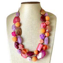 Load image into Gallery viewer, Painted Santorini Chunky Statement Necklace, Big beaded jewelry, Double Strand Statement bib purple orange hot pink magenta jewelry