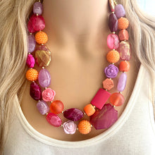 Load image into Gallery viewer, Painted Santorini Chunky Statement Necklace, Big beaded jewelry, Double Strand Statement bib purple orange hot pink magenta jewelry