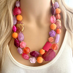 Painted Santorini Chunky Statement Necklace, Big beaded jewelry, Double Strand Statement bib purple orange hot pink magenta jewelry