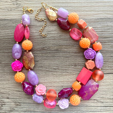 Load image into Gallery viewer, Painted Santorini Chunky Statement Necklace, Big beaded jewelry, Double Strand Statement bib purple orange hot pink magenta jewelry