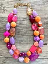 Load image into Gallery viewer, Painted Santorini Chunky Statement Necklace, Big beaded jewelry, Double Strand Statement bib purple orange hot pink magenta jewelry