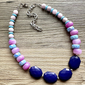 Indigo & periwinkle Chunky Statement Necklace, Big beaded jewelry, single strand Statement Necklace, chunky bib jewelry purple aqua blue