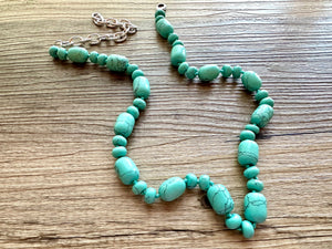 Aqua Jade Beaded 1 strand Statement Necklace, Chunky Bib Single turquoise stone jewelry, gemstone layering light blue green