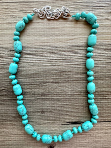 Aqua Jade Beaded 1 strand Statement Necklace, Chunky Bib Single turquoise stone jewelry, gemstone layering light blue green