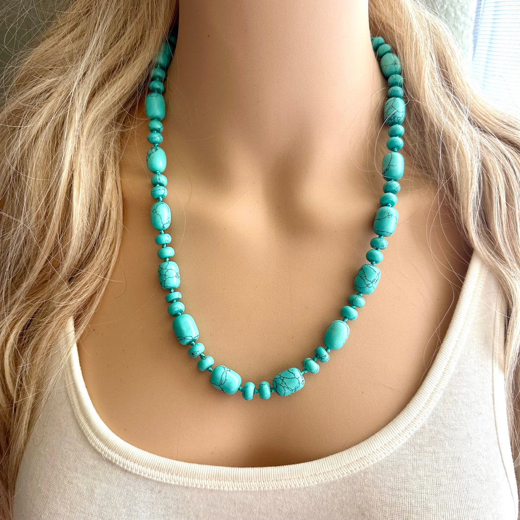 Aqua Jade Beaded 1 strand Statement Necklace, Chunky Bib Single turquoise stone jewelry, gemstone layering light blue green