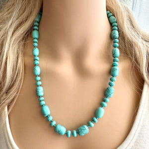 Aqua Jade Beaded 1 strand Statement Necklace, Chunky Bib Single turquoise stone jewelry, gemstone layering light blue green