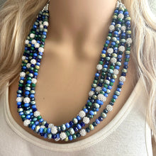 Load image into Gallery viewer, Constellation Hunter Ombré Chunky Statement Necklace, multi Strand Beaded Jewelry, dark blue &amp; green jewelry, 5 strand chunky bib silver