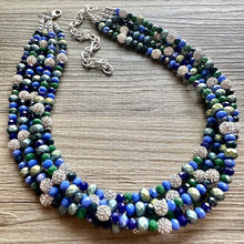 Load image into Gallery viewer, Constellation Hunter Ombré Chunky Statement Necklace, multi Strand Beaded Jewelry, dark blue &amp; green jewelry, 5 strand chunky bib silver