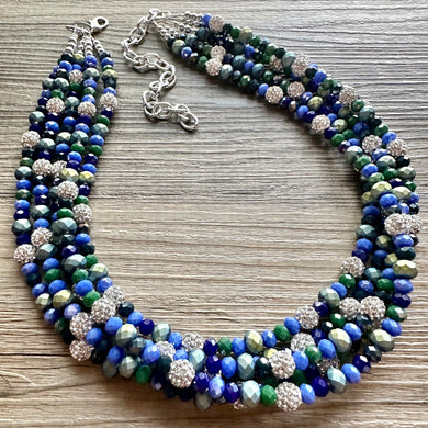 Constellation Hunter Ombré Chunky Statement Necklace, multi Strand Beaded Jewelry, dark blue & green jewelry, 5 strand chunky bib silver