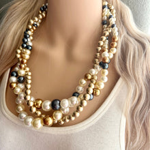 Load image into Gallery viewer, Creamy Champagne Braided Necklace, Chunky Statement Jewelry, Bib Necklace Pearl Necklace Big Bubble Beaded Jewelry, white navy blue wedding