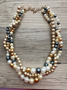 Creamy Champagne Braided Necklace, Chunky Statement Jewelry, Bib Necklace Pearl Necklace Big Bubble Beaded Jewelry, white navy blue wedding