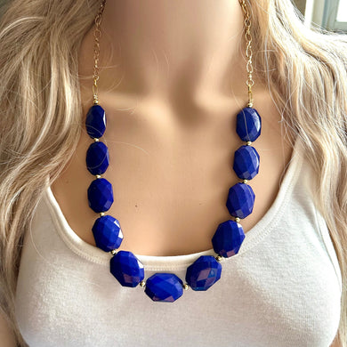 Indigo & Gold Long Necklace, dark blue ball bead necklace, single strand bib necklace, navy blue purple statement layering jewelry