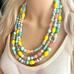 Piccadilly Circus Multi-Color Rainbow Necklace, pastel Chunky Statement Necklace Happy Bright Summer Jewelry, big beaded mint geometric