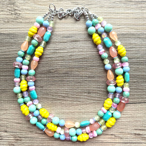 Piccadilly Circus Multi-Color Rainbow Necklace, pastel Chunky Statement Necklace Happy Bright Summer Jewelry, big beaded mint geometric