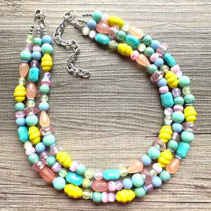 Piccadilly Circus Multi-Color Rainbow Necklace, pastel Chunky Statement Necklace Happy Bright Summer Jewelry, big beaded mint geometric