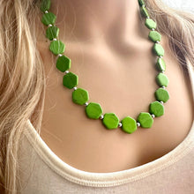 Load image into Gallery viewer, Bright Green Chunky Statement Necklace, Big beaded jewelry, 1 Strand Statement Bib necklace, silver geometric bridesmaid wedding earrings