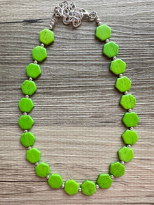 Bright Green Chunky Statement Necklace, Big beaded jewelry, 1 Strand Statement Bib necklace, silver geometric bridesmaid wedding earrings