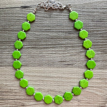 Load image into Gallery viewer, Bright Green Chunky Statement Necklace, Big beaded jewelry, 1 Strand Statement Bib necklace, silver geometric bridesmaid wedding earrings
