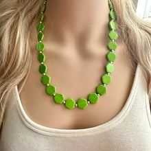 Load image into Gallery viewer, Bright Green Chunky Statement Necklace, Big beaded jewelry, 1 Strand Statement Bib necklace, silver geometric bridesmaid wedding earrings