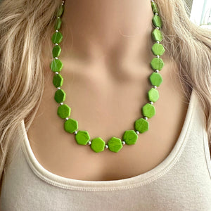 Bright Green Chunky Statement Necklace, Big beaded jewelry, 1 Strand Statement Bib necklace, silver geometric bridesmaid wedding earrings