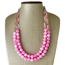 Load image into Gallery viewer, Shades of Pink &amp; Gold Double Layer statement necklace with tan accents, Chunky Jewelry Wedding bridesmaid painted beads jewelry