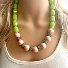 Load image into Gallery viewer, Pink &amp; Green Color Block Ombré Chunky Statement Necklace, Big beaded jewelry, Single Strand Statement Necklace, mint blush baby pink jewelry