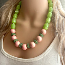 Load image into Gallery viewer, Pink &amp; Green Color Block Ombré Chunky Statement Necklace, Big beaded jewelry, Single Strand Statement Necklace, mint blush baby pink jewelry