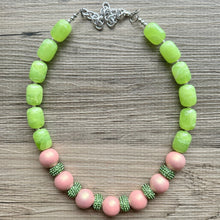 Load image into Gallery viewer, Pink &amp; Green Color Block Ombré Chunky Statement Necklace, Big beaded jewelry, Single Strand Statement Necklace, mint blush baby pink jewelry
