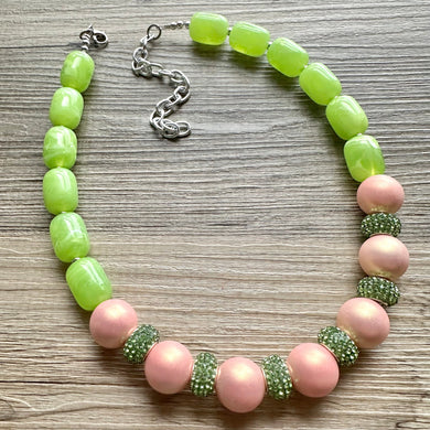 Pink & Green Color Block Ombré Chunky Statement Necklace, Big beaded jewelry, Single Strand Statement Necklace, mint blush baby pink jewelry