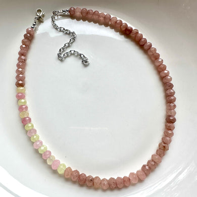 Neapolitan Gelato Gemstone Single Strand Beaded Statement Necklace, tan beaded necklace, bridesmaid jewelry layering pink yellow brown