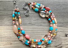 Load image into Gallery viewer, Peach Teal Coral Chunky Statement Necklace, Triple Strand Beaded Jewelry, blue peach coral jewelry, bridsmaid wedding, bib beaded jewelry