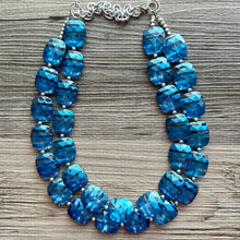 Load image into Gallery viewer, Blue ombré Necklace, Double strand jewelry, big beaded chunky statement royal blue denim white, blue ombre, blue bridesmaid, blue jewelry