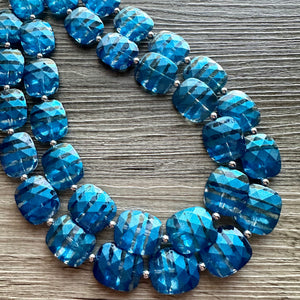 Blue ombré Necklace, Double strand jewelry, big beaded chunky statement royal blue denim white, blue ombre, blue bridesmaid, blue jewelry