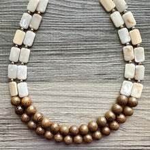 Load image into Gallery viewer, 2 Strand Wood &amp; Tan Beaded Necklace, brown Jewelry Chunky statement necklace, big beaded necklace jewelry, natural smooth wood