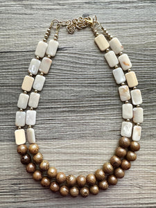 2 Strand Wood & Tan Beaded Necklace, brown Jewelry Chunky statement necklace, big beaded necklace jewelry, natural smooth wood