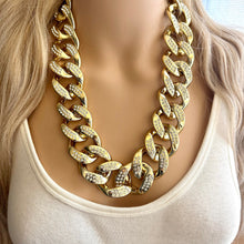 Load image into Gallery viewer, Gold rhinestone Linking Chain Choker shirt necklace, stunning elegant silver gold statement bib necklace layering chunky golden thick