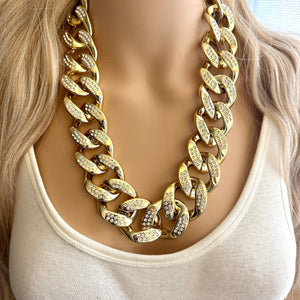 Gold rhinestone Linking Chain Choker shirt necklace, stunning elegant silver gold statement bib necklace layering chunky golden thick