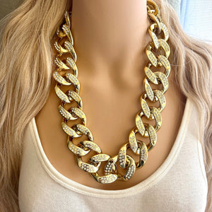 Gold rhinestone Linking Chain Choker shirt necklace, stunning elegant silver gold statement bib necklace layering chunky golden thick