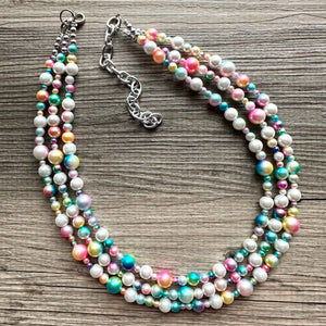 Cotton Candy Clouds Necklace, Chunky Statement Jewelry, Bib Necklace Pearl Necklace colorful Bubble Beaded Jewelry, white wedding ombre