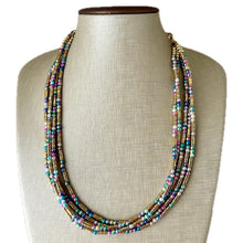 Load image into Gallery viewer, Cosmic Rainbow 5 Strand statement necklace, colorful beaded chunky jewelry, gold metallic jewelry necklace pearl cream white bead ombre