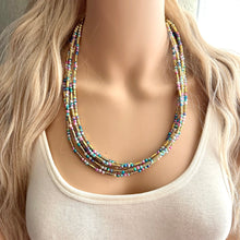 Load image into Gallery viewer, Cosmic Rainbow 5 Strand statement necklace, colorful beaded chunky jewelry, gold metallic jewelry necklace pearl cream white bead ombre