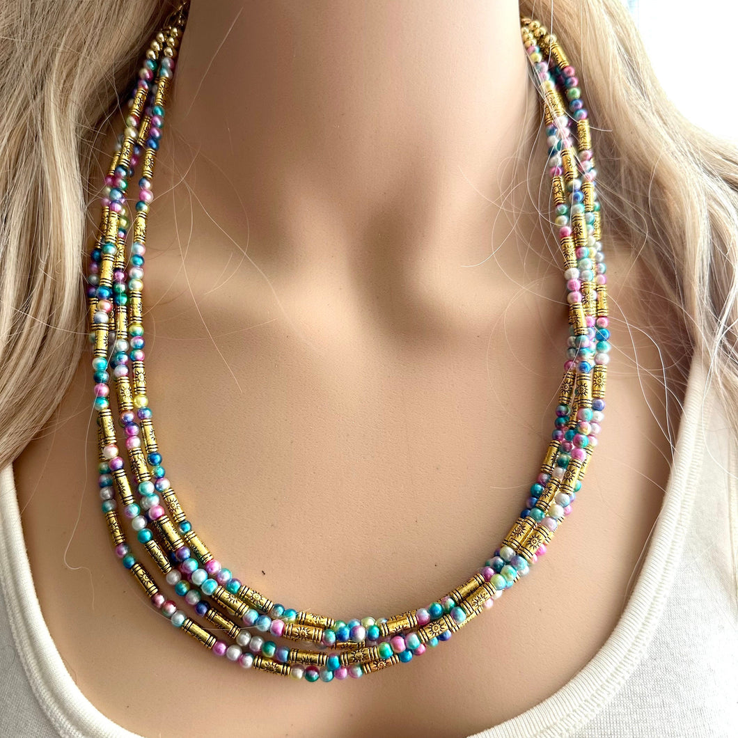 Cosmic Rainbow 5 Strand statement necklace, colorful beaded chunky jewelry, gold metallic jewelry necklace pearl cream white bead ombre