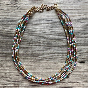 Cosmic Rainbow 5 Strand statement necklace, colorful beaded chunky jewelry, gold metallic jewelry necklace pearl cream white bead ombre