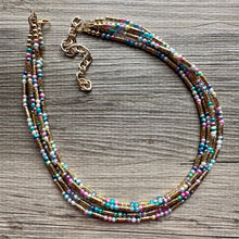 Load image into Gallery viewer, Cosmic Rainbow 5 Strand statement necklace, colorful beaded chunky jewelry, gold metallic jewelry necklace pearl cream white bead ombre