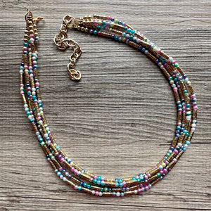 Cosmic Rainbow 5 Strand statement necklace, colorful beaded chunky jewelry, gold metallic jewelry necklace pearl cream white bead ombre