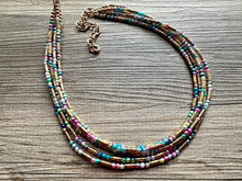 Load image into Gallery viewer, Cosmic Rainbow 5 Strand statement necklace, colorful beaded chunky jewelry, gold metallic jewelry necklace pearl cream white bead ombre