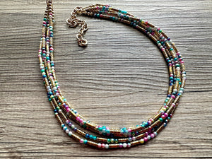 Cosmic Rainbow 5 Strand statement necklace, colorful beaded chunky jewelry, gold metallic jewelry necklace pearl cream white bead ombre