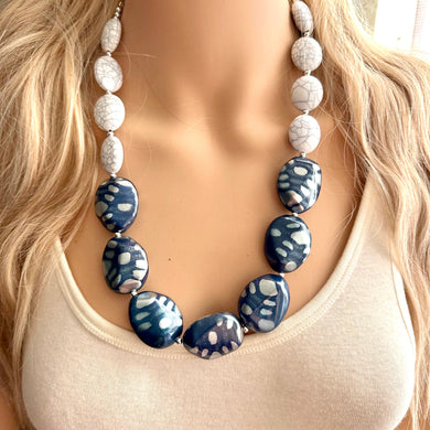 Vintage Navy & Silver Beaded long necklace, white shiny beaded statement necklace, everyday chunky layering single strand gray bead